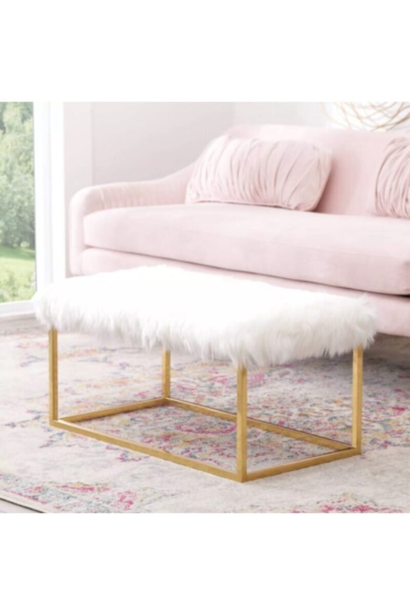 FRAME METAL GOLD BOYALI AYAKLI TÜYLÜ BEYAZ PELUŞ PUF BENCH BL016